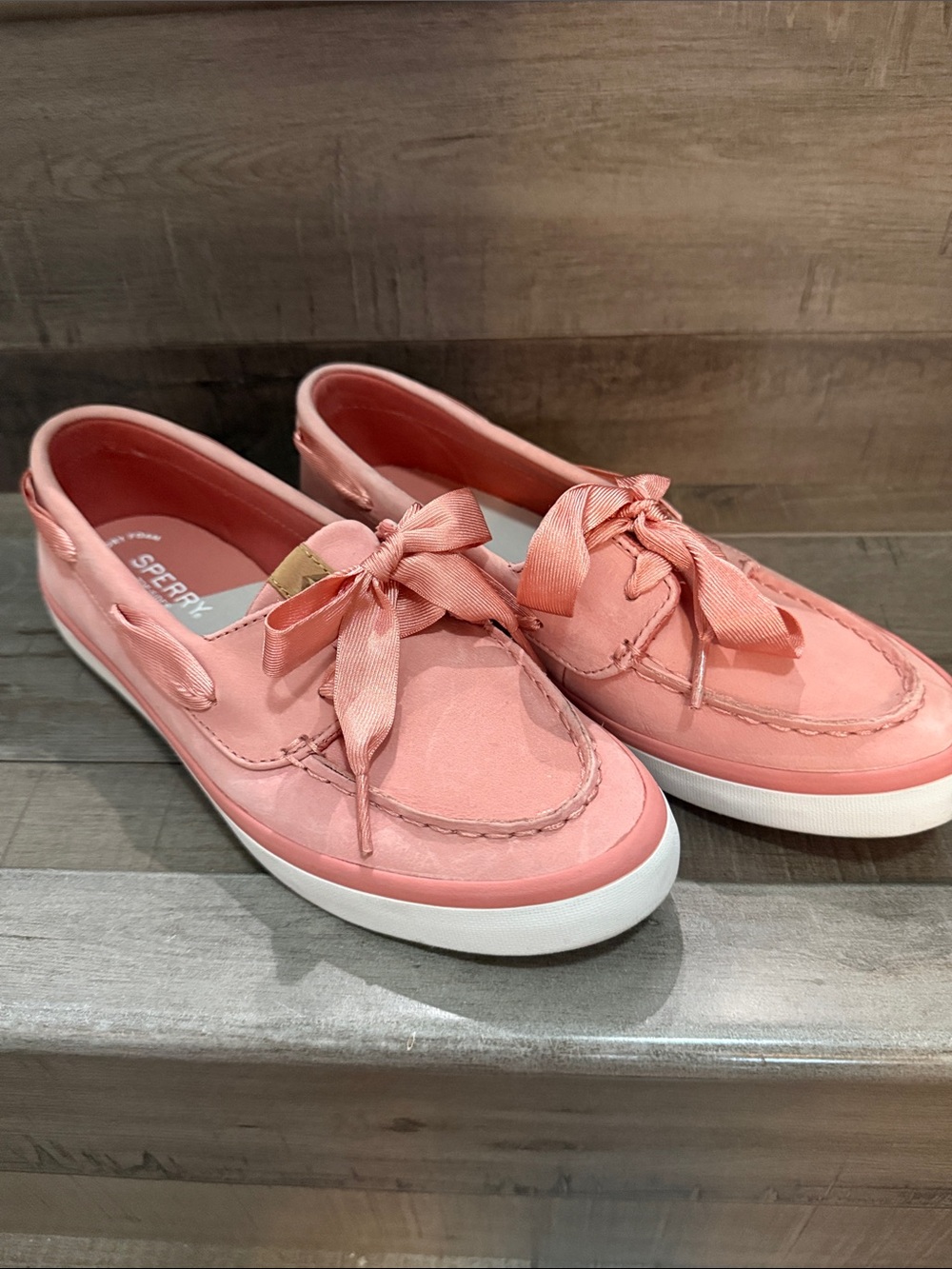 Sperry Coral Pink Ribbon Lace Boat Shoe